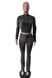 Dark Gray Casual Solid Color Zipper O Neck Long Sleeve Two Pieces