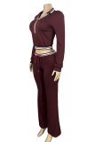 Burgundy Casual Stripe Zipper Turndown Collar Long Sleeve Two Pieces