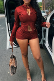 Pink Sexy Solid Color Zipper O Neck Long Sleeve Two Pieces