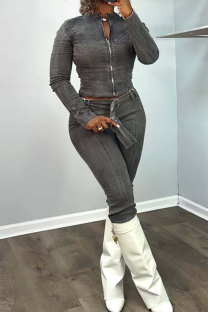 Dark Gray Casual Solid Color Zipper O Neck Long Sleeve Two Pieces