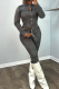 Dark Gray Casual Solid Color Zipper O Neck Long Sleeve Two Pieces