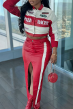 Red Casual Print Contrast O Neck Outerwear