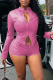 Pink Sexy Solid Color Zipper O Neck Long Sleeve Two Pieces