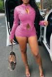 Pink Sexy Solid Color Zipper O Neck Long Sleeve Two Pieces