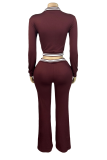 Burgundy Casual Stripe Zipper Turndown Collar Long Sleeve Two Pieces