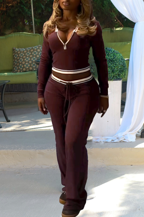 Burgundy Casual Stripe Zipper Turndown Collar Long Sleeve Two Pieces