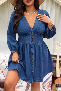 Deep Blue Casual Solid Color Buckle V Neck Denim Plus Size Dresses