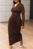 Dark Brown Elegant Solid Color Ruched V Neck Long Dresses