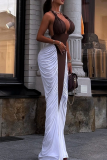 Brown Sexy Backless Contrast Halter Long Dresses