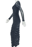 Dark Brown Elegant Solid Color Ruched V Neck Long Dresses