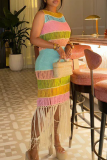 Purple Casual Colorblock Fringed Trim Swimwears Cover Up