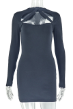 Black Sexy Solid Color Hollow Out O Neck Wrapped Skirt Dresses