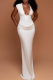White Elegant Solid Color Ruched V Neck Long Dresses