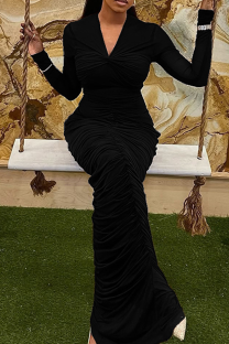 Black Elegant Solid Color Ruched V Neck Long Dresses