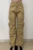 Khaki Casual Solid Color Pocket Regular Conventional Patchwork Bottoms
