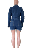 Blue Casual Solid Color Pocket Buckle Turndown Collar Long Sleeve Regular Denim Jumpsuits