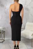 Black Elegant Solid Color Oblique Collar Long Dresses