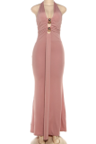 Pink Sexy Solid Color Backless Halter Long Dresses