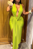 Green Yellow Sexy Solid Color Backless V Neck Long Dresses