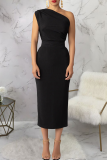 Black Elegant Solid Color Oblique Collar Long Dresses