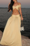 Yellow Sexy Solid Color Hollow Out Off Shoulder Two Pieces