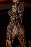 Black Sexy Print Contrast O Neck Skinny Jumpsuits