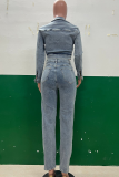 Blue Casual Solid Color Zipper Turndown Collar Long Sleeve Two Pieces