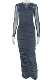 Dark Brown Elegant Solid Color Ruched V Neck Long Dresses
