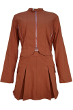 Brown Casual Solid Color Zipper Zipper Collar Long Sleeve Two Pieces