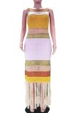Purple Casual Colorblock Fringed Trim Swimwears Cover Up