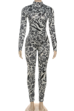 Grey Sexy Print Patchwork Turtleneck Skinny Jumpsuits