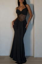 Black Sexy Solid Color Backless Halter Long Dresses
