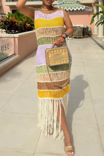 Purple Casual Colorblock Fringed Trim Swimwears Cover Up