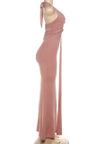 Pink Sexy Solid Color Backless Halter Long Dresses