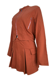 Brown Casual Solid Color Zipper Zipper Collar Long Sleeve Two Pieces