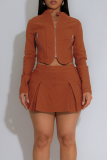 Brown Casual Solid Color Zipper Zipper Collar Long Sleeve Two Pieces