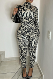 Grey Sexy Print Patchwork Turtleneck Skinny Jumpsuits