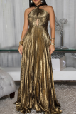 Gold Elegant Solid Color Backless Halter Long Dresses