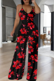Red Casual Print Backless Spaghetti Strap Loose Jumpsuits