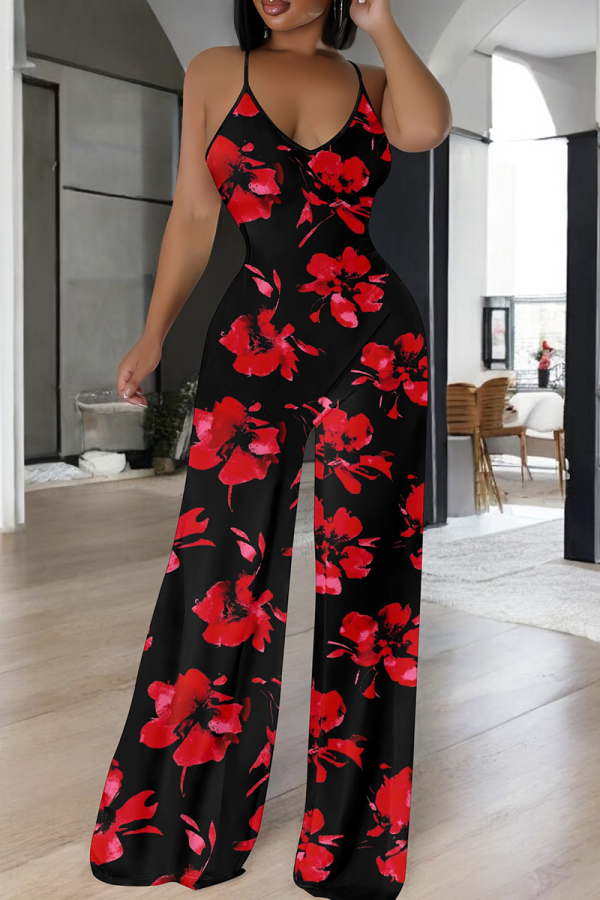 Red Casual Print Backless Spaghetti Strap Loose Jumpsuits