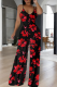 Red Casual Print Backless Spaghetti Strap Loose Jumpsuits
