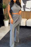 Grey Sexy Solid Color Ruched O Neck Sleeveless Two Pieces