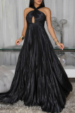 Gold Elegant Solid Color Backless Halter Long Dresses