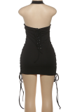 Black Sexy Solid Color Cross Straps O Neck Wrapped Skirt Dresses
