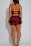 Burgundy Sexy Solid Color Sequins Backless Halter Sleeveless Two Pieces