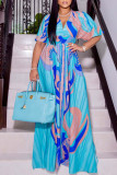 Blue Casual Print Patchwork V Neck Long Dress Dresses