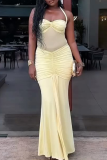Light Yellow Sexy Solid Color Backless Halter Long Dresses