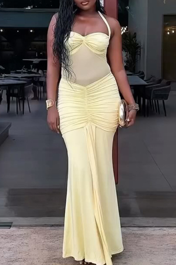 Light Yellow Sexy Solid Color Backless Halter Long Dresses