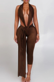 Red Sexy Solid Color Backless Halter Skinny Jumpsuits