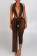 Brown Sexy Solid Color Backless Halter Skinny Jumpsuits